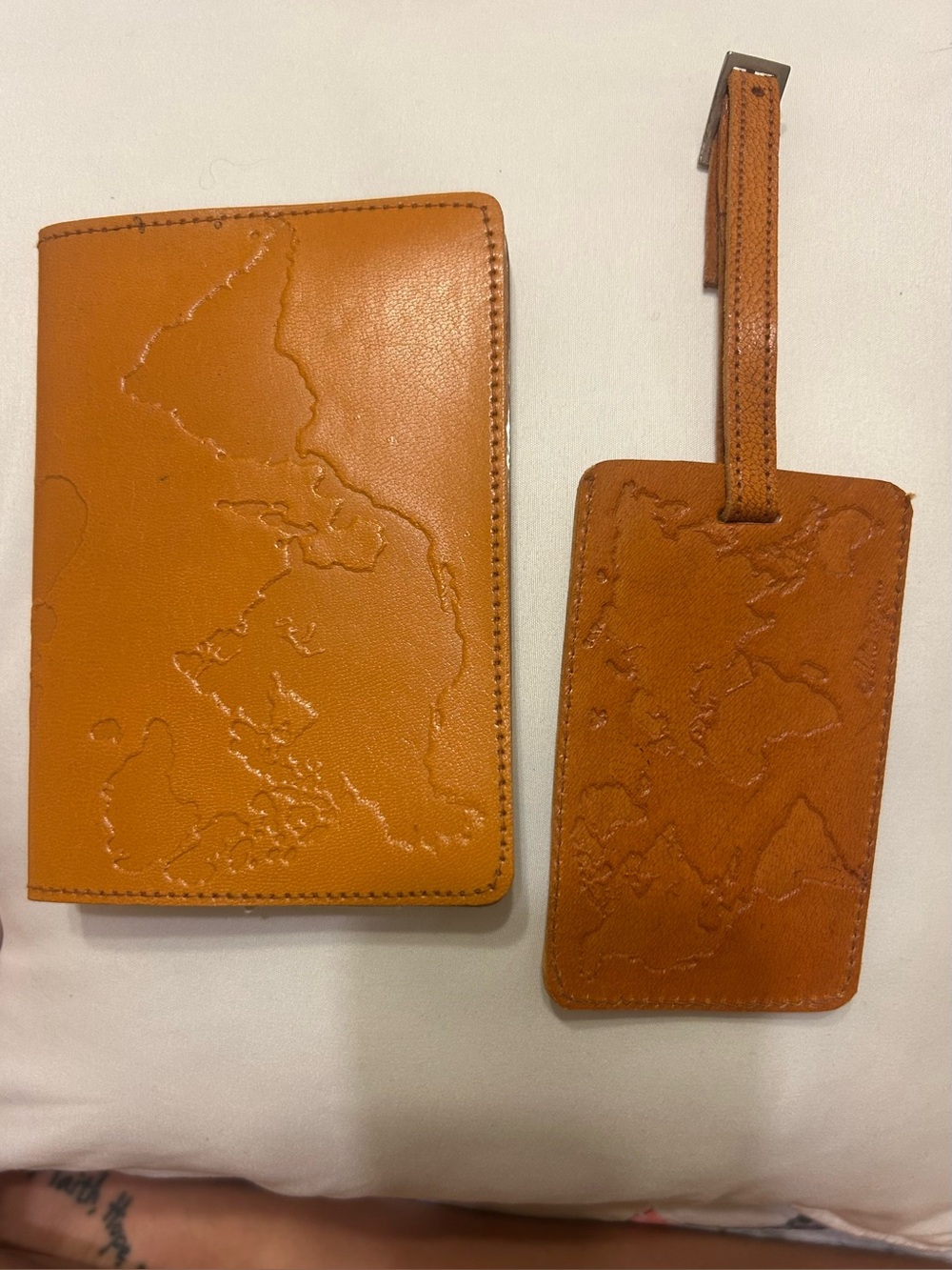 World Map Leather Passport Cover & Luggage Tag Travel Set - Cognac Orange
